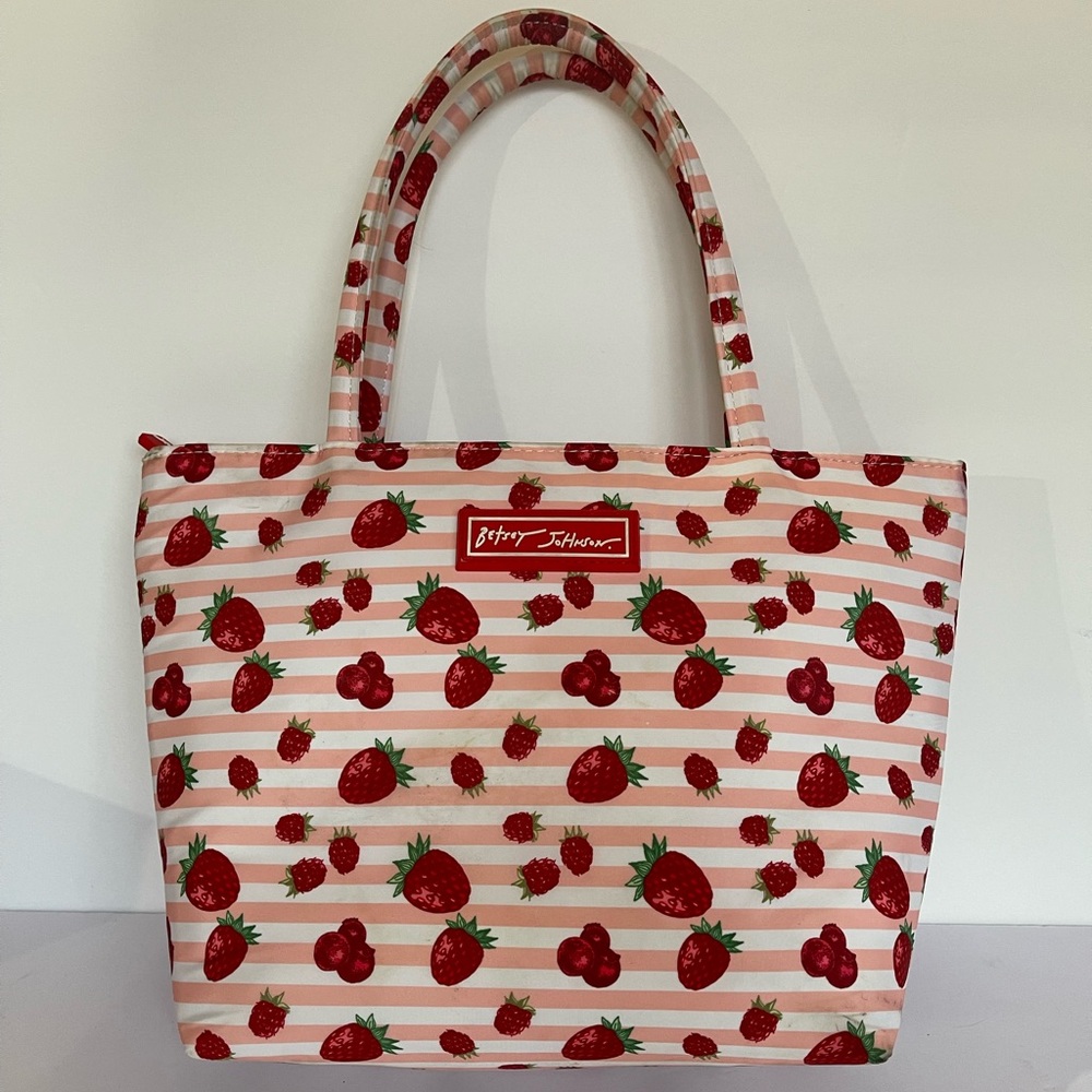 Betsey Johnson Strawberry Striped Tote Bag Lunch Work Makeup Insulated